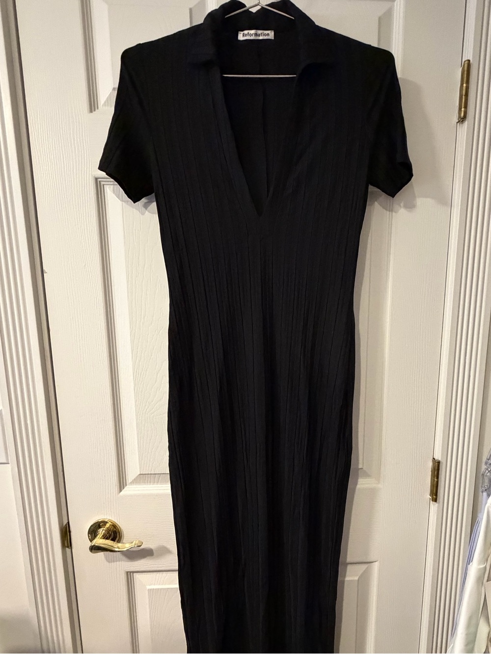 Reformation Black Ribbed V-Neck Short-Sleeve Maxi Dress